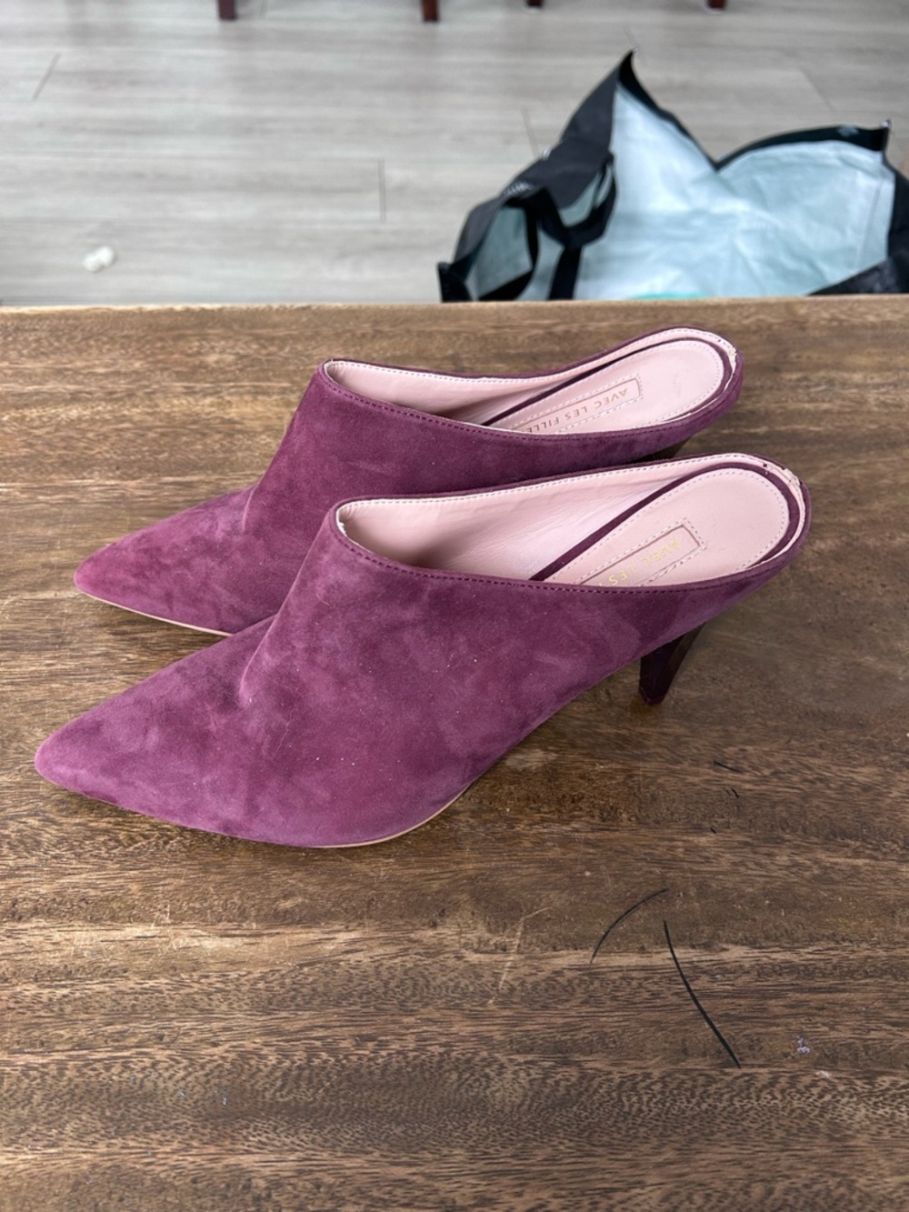 Avec Les Filles Pointed Toe Suede Mules Plum Purple Slip-On Heels Versatile Chic